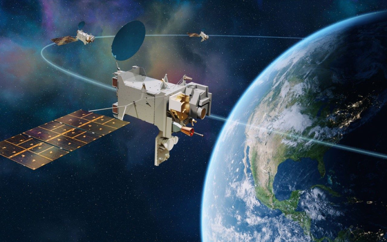 GeoXO constellation render with three satellites observing the Earth